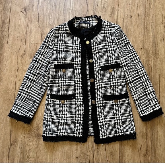 Zara Woman Long Tweed Houndstooth Blazer Style Jacket Coat - Picture 4 of 4